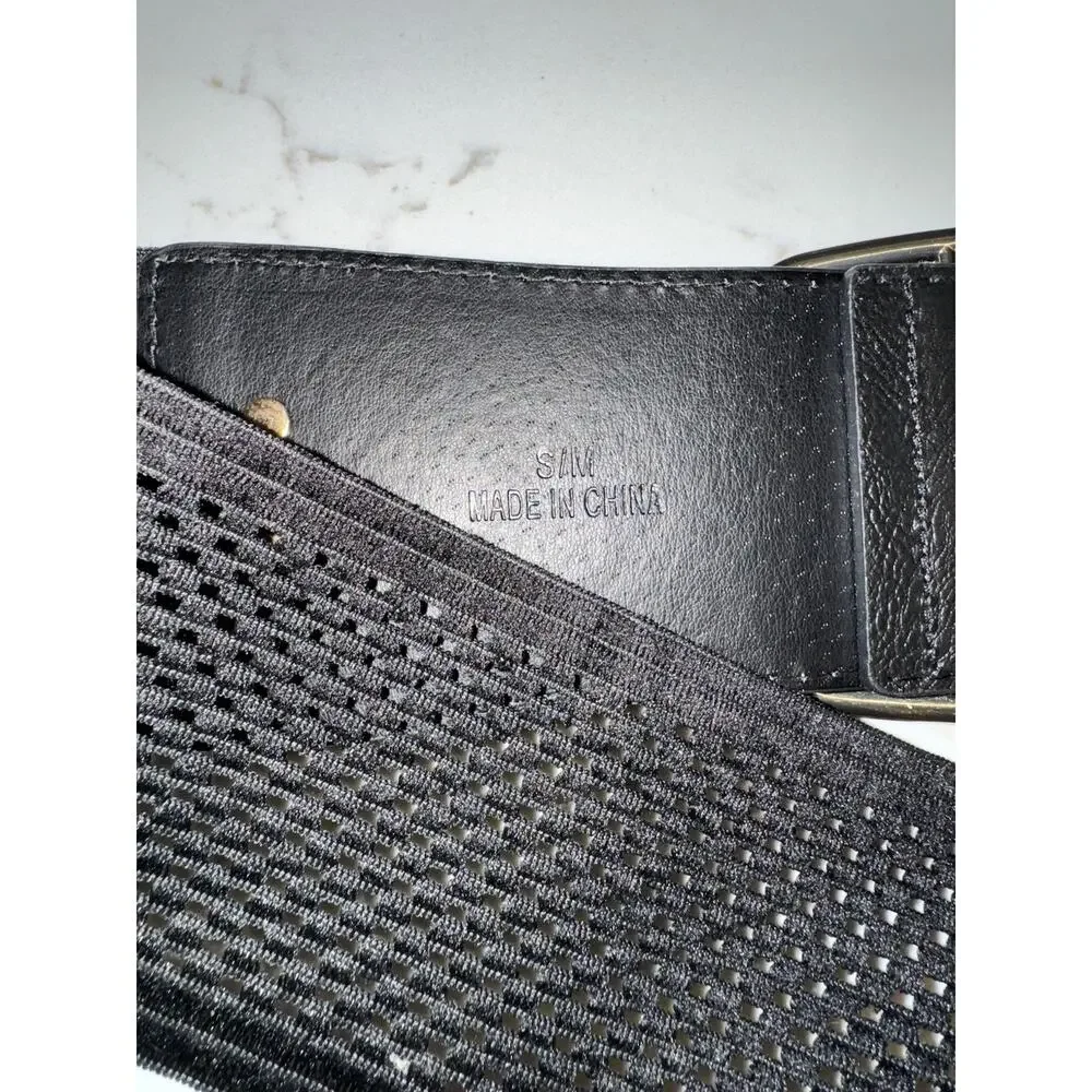 Adrienne Vittadini Wide Stretch Belt w/ Faux Leather Sz S/M Black & Silver